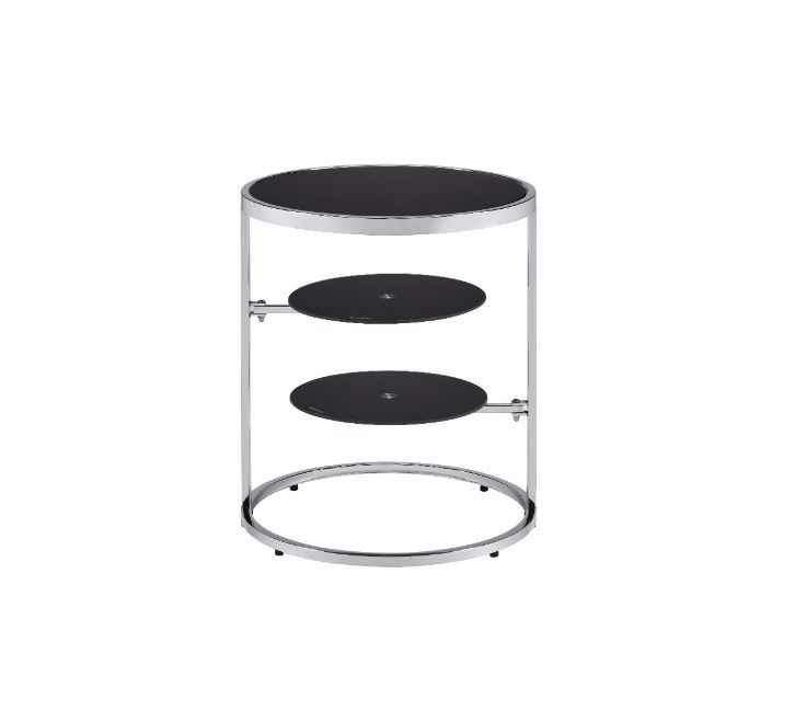 KD Round Side Table 2 Swiel Tier Shelf Open Frame Tempered Glass Top Thickness: 1-"<br/><br/><b>Product Features</b><ul><li>Case: 1Pc/1Ctn</li><li>Finish: Black & Chrome Finish</li><li>Style: Contemporary</li><li>Materials: Metal, Glass</li></ul><br/>