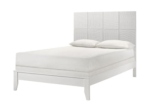 This bedroom collection is the embodiment of sleek, contemporary design, characterized by its crisp white finish and distinctive textured front panels. The centerpiece, a chic bed with a statement headboard, features geometric paneling that adds depth and