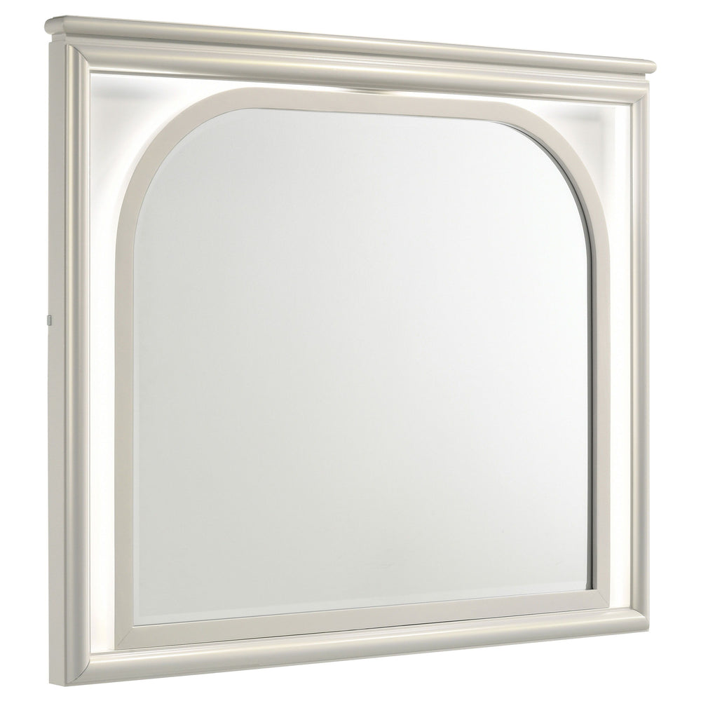 Add a touch of modern elegance to your dresser with this beautifully designed mirror. The shaped beveled glass, framed by a sleek pearl white border, brings a refined charm to any room. Touch LED lighting provides both functionality and a soft, ambient gl