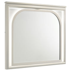 Add a touch of modern elegance to your dresser with this beautifully designed mirror. The shaped beveled glass, framed by a sleek pearl white border, brings a refined charm to any room. Touch LED lighting provides both functionality and a soft, ambient gl