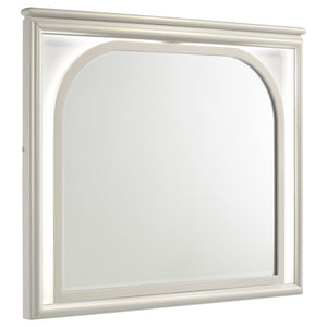 Add a touch of modern elegance to your dresser with this beautifully designed mirror. The shaped beveled glass, framed by a sleek pearl white border, brings a refined charm to any room. Touch LED lighting provides both functionality and a soft, ambient gl