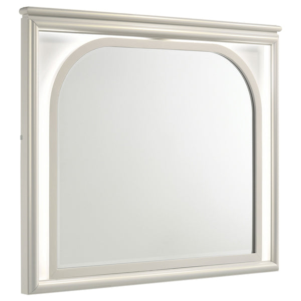 Add a touch of modern elegance to your dresser with this beautifully designed mirror. The shaped beveled glass, framed by a sleek pearl white border, brings a refined charm to any room. Touch LED lighting provides both functionality and a soft, ambient gl