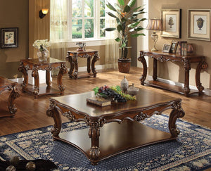KD, Rectangular Table w/Scrolled Leg and Bottom Shelf â€¢ Top Apron: Scrolled Decor Trim<br/><br/><b>Product Features</b><ul><li>Case: 1Pc/1Ctn</li><li>Finish: Cherry</li><li>Style: Vintage</li><li>Materials: Wood, Poly Resin, Veneer (Wood)</li></ul><br/>