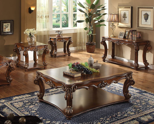 KD, Rectangular Table w/Scrolled Leg and Bottom Shelf â€¢ Top Apron: Scrolled Decor Trim<br/><br/><b>Product Features</b><ul><li>Case: 1Pc/1Ctn</li><li>Finish: Cherry</li><li>Style: Vintage</li><li>Materials: Wood, Poly Resin, Veneer (Wood)</li></ul><br/>