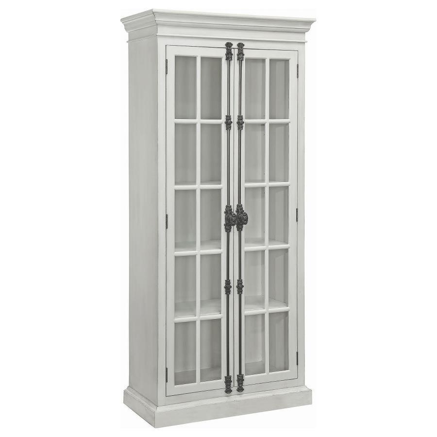 Envision a dining room graced by this tall dining cabinet, a vitrine that radiates charm with its distressed white finish, whispering tales of timeless elegance. Two glass doors unveil four shelves, ideal for displaying your cherished china. Adorned with 