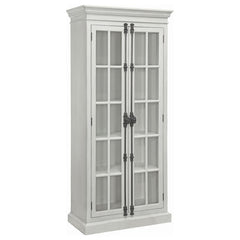Envision a dining room graced by this tall dining cabinet, a vitrine that radiates charm with its distressed white finish, whispering tales of timeless elegance. Two glass doors unveil four shelves, ideal for displaying your cherished china. Adorned with 