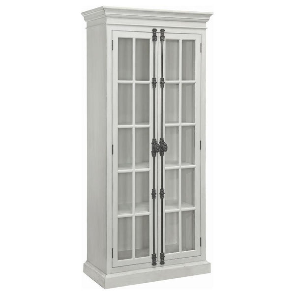 Envision a dining room graced by this tall dining cabinet, a vitrine that radiates charm with its distressed white finish, whispering tales of timeless elegance. Two glass doors unveil four shelves, ideal for displaying your cherished china. Adorned with 