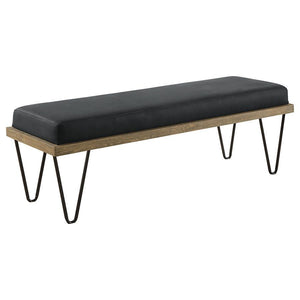 Accessorize a casual space in charming style. This bench provides utility as a seating venue as it snazzes up the carefree elegance of a transitional room or entryway. Retro-look hairpin legs support a dual-layer seat. Dark blue denim upholstery creates a