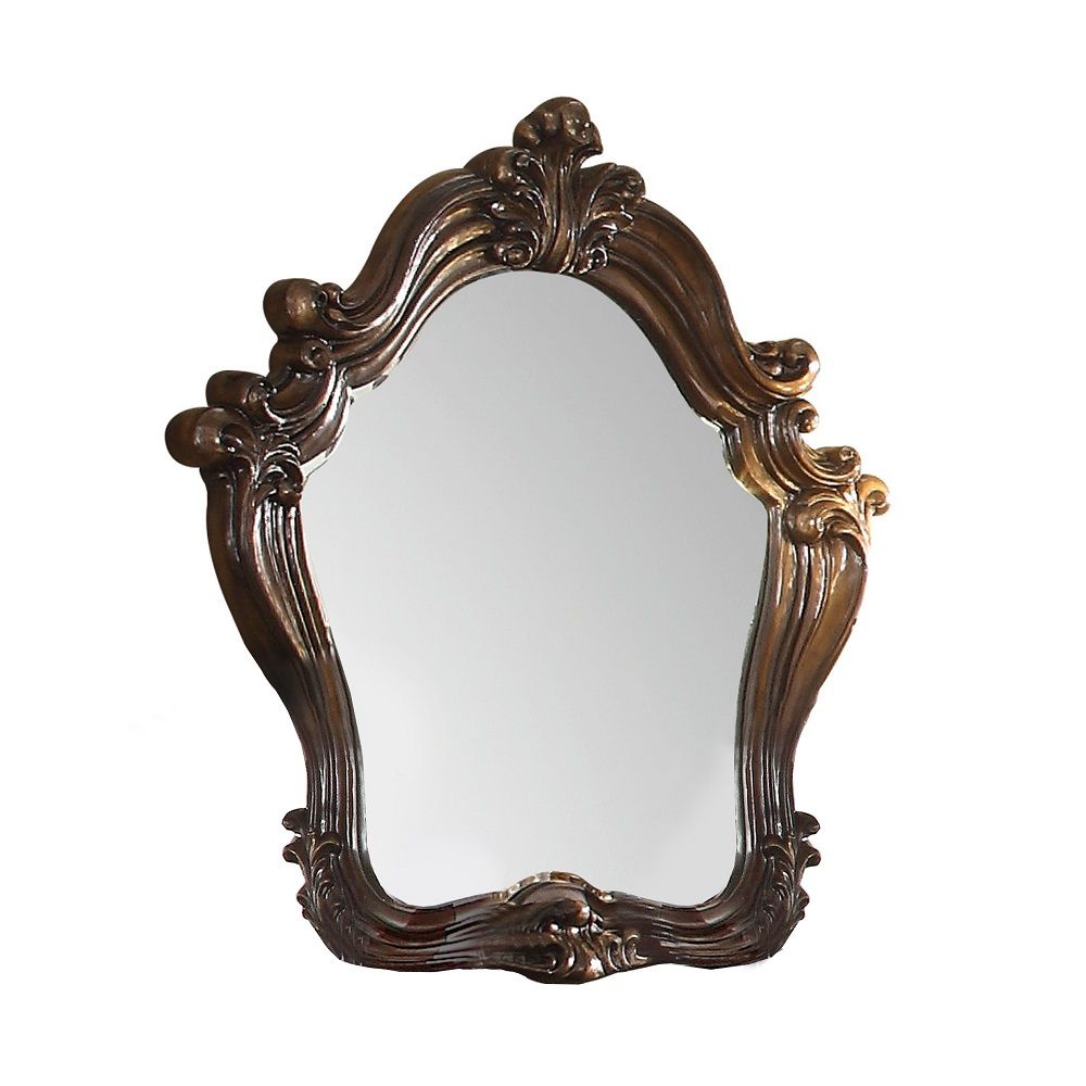 The Versailles mirror gives your bedroom all the grandeur of royal style. Presented in a stately cherry oak finish this mirror has a substantial silhouette and is adorned with such old-world details, carved medallions, and shaped moldings. This mirror is 