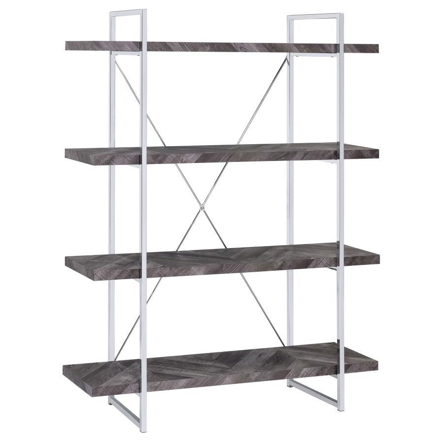 Enhance your storage and display space with this contemporary bookshelf, featuring a rustic grey herringbone finish for a modern organic touch. The sleek chrome metal frame provides durability and style, complemented by an X-shaped back support for stabil