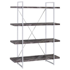 Enhance your storage and display space with this contemporary bookshelf, featuring a rustic grey herringbone finish for a modern organic touch. The sleek chrome metal frame provides durability and style, complemented by an X-shaped back support for stabil