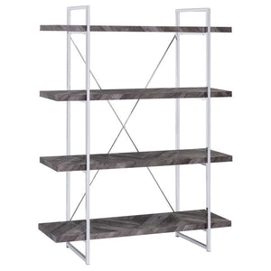 Enhance your storage and display space with this contemporary bookshelf, featuring a rustic grey herringbone finish for a modern organic touch. The sleek chrome metal frame provides durability and style, complemented by an X-shaped back support for stabil