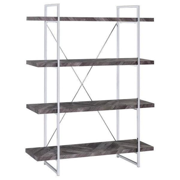Enhance your storage and display space with this contemporary bookshelf, featuring a rustic grey herringbone finish for a modern organic touch. The sleek chrome metal frame provides durability and style, complemented by an X-shaped back support for stabil