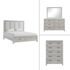The Fiona 4 Piece Bedroom Set features a storage bed with a plush upholstered headboard, designed for ultimate comfort and convenience. The bed is complemented by a 6-drawer dresser and a 5-drawer chest, all exhibiting a harmonious blend of Acacia solids,