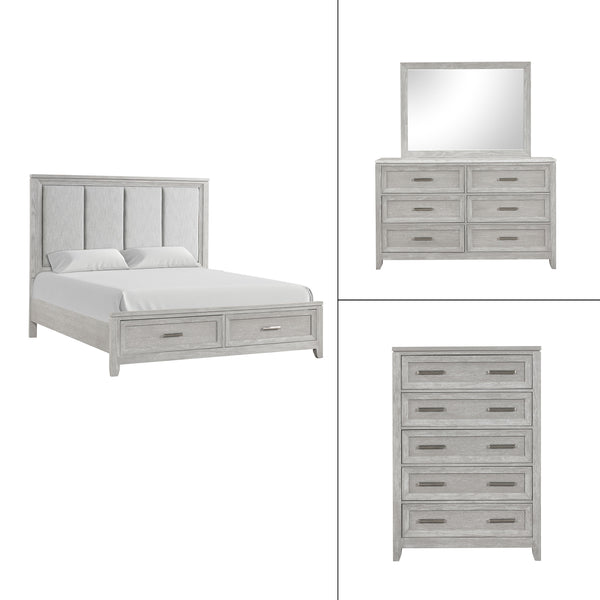 The Fiona 4 Piece Bedroom Set features a storage bed with a plush upholstered headboard, designed for ultimate comfort and convenience. The bed is complemented by a 6-drawer dresser and a 5-drawer chest, all exhibiting a harmonious blend of Acacia solids,