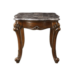 Rectangular End Table â€¢ NO Storage â€¢ Marble Top â€¢ Wooden Frame with Raised Scrolled Trim and Floral Motifs (Vintage Hand-Brush Finish) â€¢ Queen Anne Leg<br/><br/><b>Product Features</b><ul><li>Exclusive Design</li><li>Occasional Tables</li><li>Marb