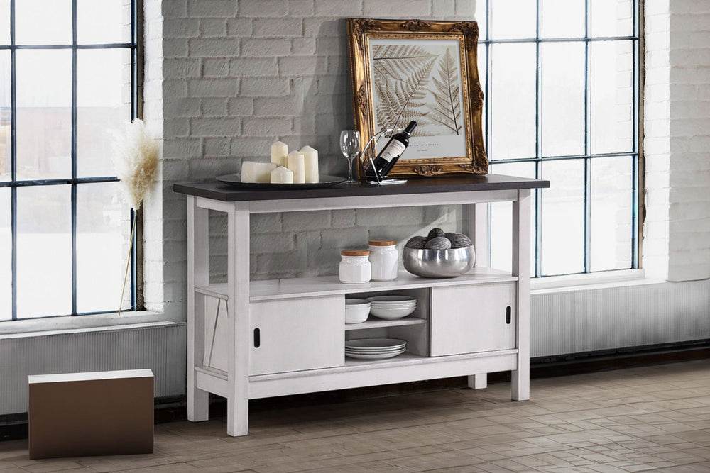 The Maisie Dining Room Server combines quality craftsmanship with rustic charm, making it a practical and stylish addition to any dining space. This two-tone storage cabinet, crafted from solid rubberwood, manufactured woods, and Mindy wood veneers, ensur