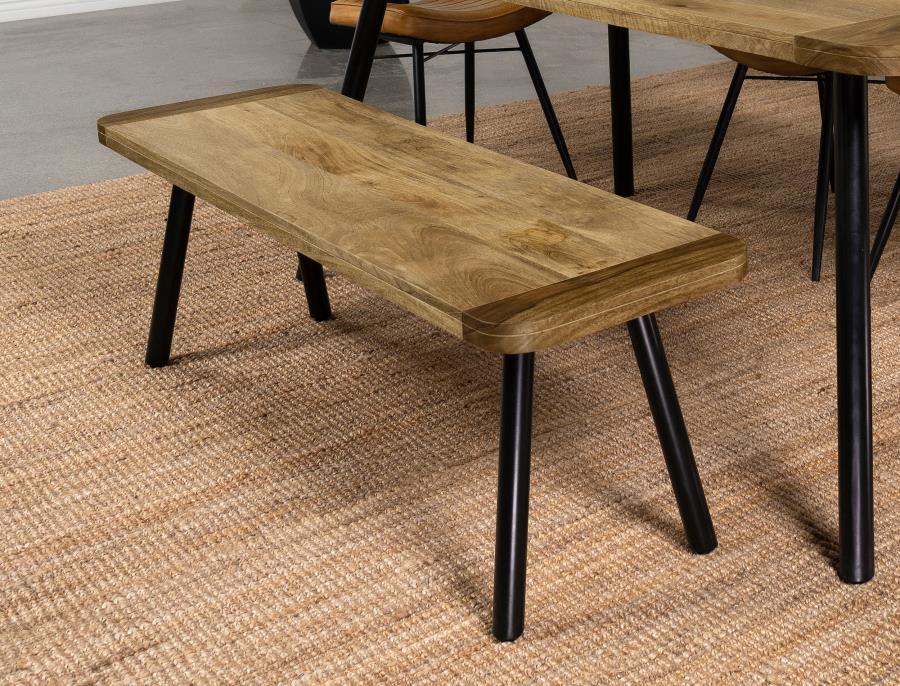Experience rustic charm with our eco-friendly dining bench, expertly crafted from mango and sheesham wood. The mixed-material top adds a unique and captivating look, showcasing the beauty of natural wood grains. Complementing the rustic aesthetic, the bla