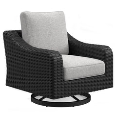 Sporting an easy-on-the-eyes elegance, this swivel lounge chair elevates the art of alfresco living. Beautiful and durable enough for indoor and outdoor use, this high-style/low-maintenance chair entices with plush, removable cushions wrapped in NuvellaÂ®