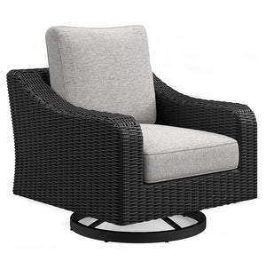 Sporting an easy-on-the-eyes elegance, this swivel lounge chair elevates the art of alfresco living. Beautiful and durable enough for indoor and outdoor use, this high-style/low-maintenance chair entices with plush, removable cushions wrapped in NuvellaÂ®