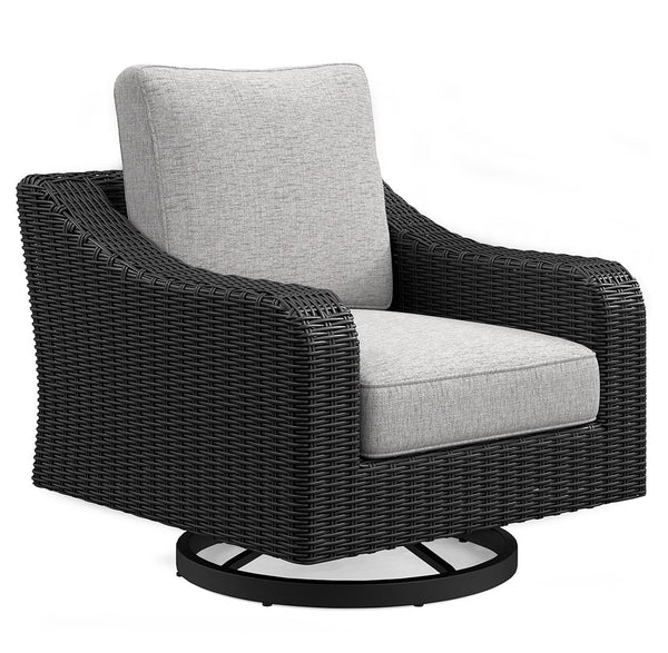 Sporting an easy-on-the-eyes elegance, this swivel lounge chair elevates the art of alfresco living. Beautiful and durable enough for indoor and outdoor use, this high-style/low-maintenance chair entices with plush, removable cushions wrapped in NuvellaÂ®