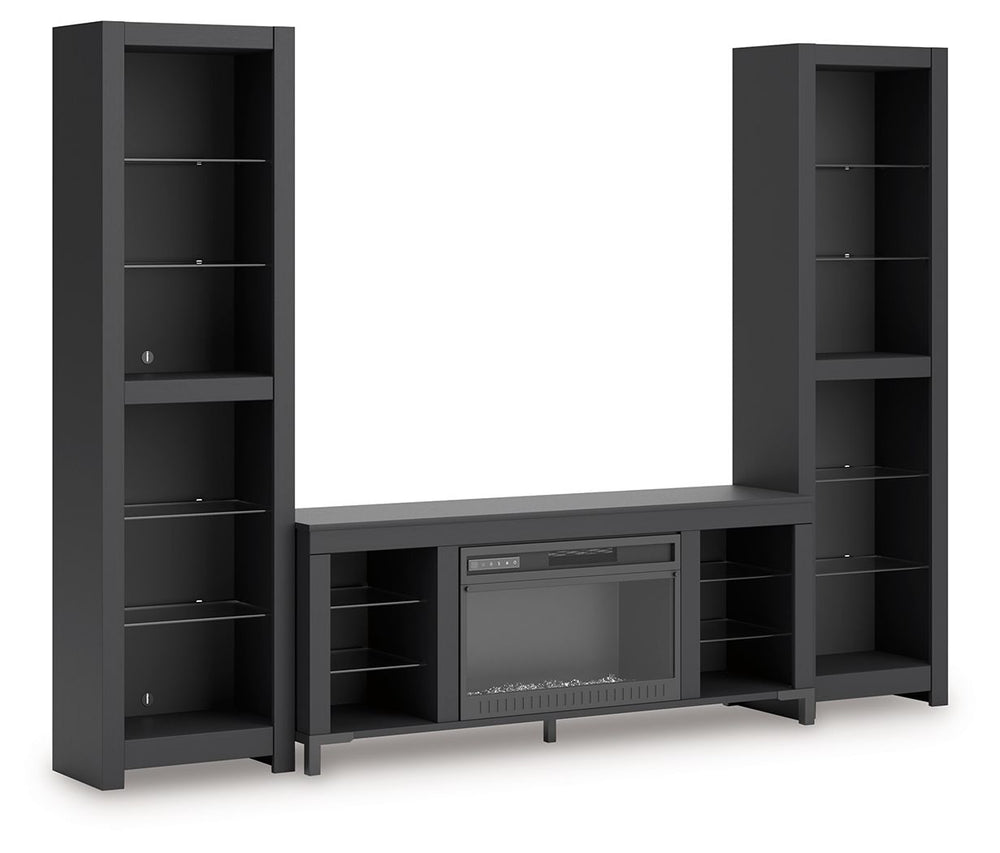 Level up your gaming experience and make movie nights to remember. This entertainment center with fireplace extends your entertainment beyond the screen. Its built-in fireplace brings the heat, synchronizing with LED backlighting on the assorted shelves. 