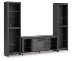 Level up your gaming experience and make movie nights to remember. This entertainment center with fireplace extends your entertainment beyond the screen. Its built-in fireplace brings the heat, synchronizing with LED backlighting on the assorted shelves. 