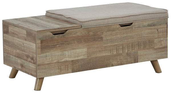 The clean profile of this small storage bench makes an entrance anywhere and everywhere you place it. Replicated butcher-block wood grain effect and tapered wood legs lend a fresh flair. Adding form and function, both tops are removable to expose hidden s