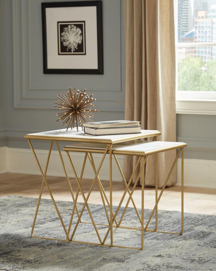 A perfect fusion of modern elegance and timeless luxury, this two-piece nesting table set brings a sophisticated touch to any space. The rectangular white marble tops exude refined beauty, while the sleek gold-finished iron bases feature angled, open-fram