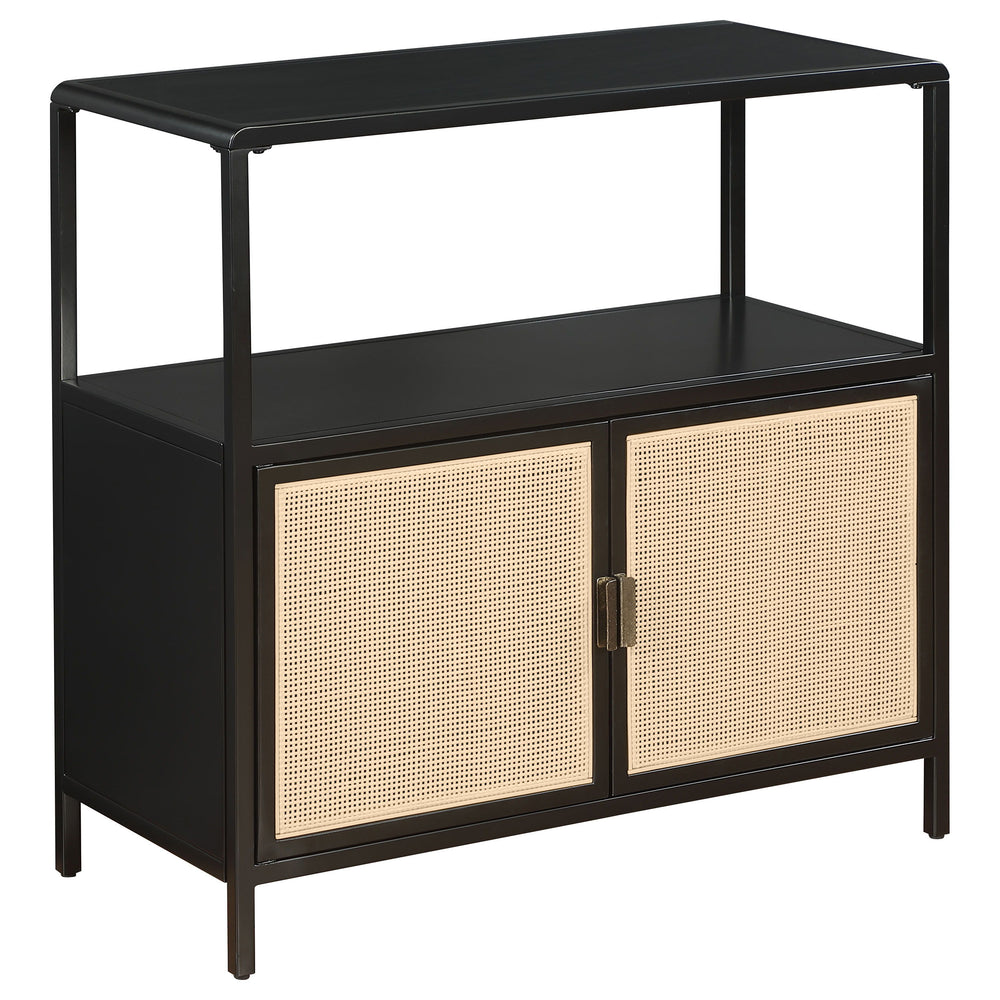 Bring a touch of coastal charm and modern design to your space with this two-door accent cabinet. Crafted with a sturdy metal frame, this cabinet offers lasting durability, while the sleek powder-coated finish resists scratches and maintains a polished lo