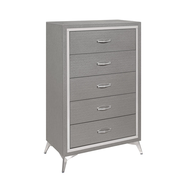 The Huxley 5-Drawer Chest in Gray combines contemporary glam with durable craftsmanship, making it a perfect addition to any modern bedroom. This chest is carefully crafted from manufactured woods and eco-friendly decorative laminate, ensuring it will las