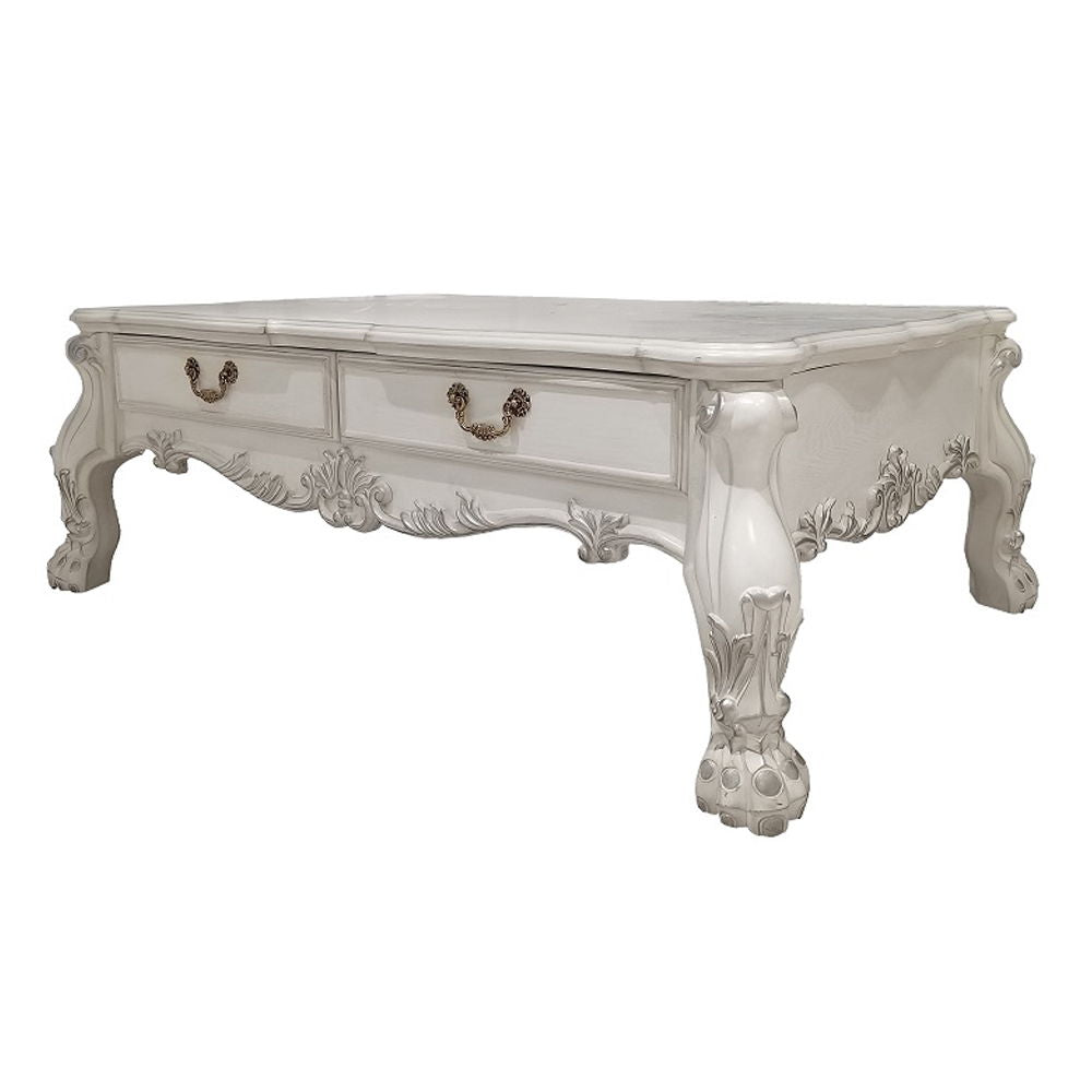 Exclusive DesignStorage: 2 Drawers (Coffee Table Only)Wooden Scalloped Top & Apron with Raised Floral MotifsOversized Claw Legs