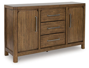 Define your dining room with reliable function and style. This dining server sits comfortably at the intersection of modern lodge and farmhouse aesthetics. Charming architectural elements and a light brown glazed finish reflect your warm and welcoming dis