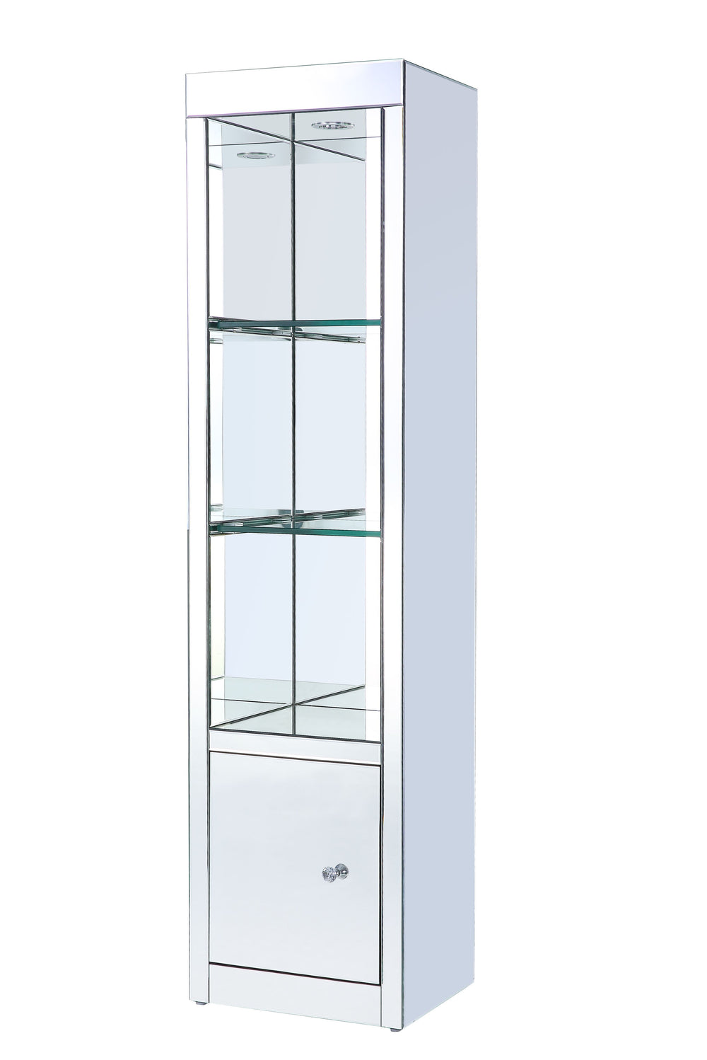 Add some Hollywood glamour to highlight your collection. The Lotus Side Pier is accented by mirrored surfaces, adding depth and shine to room areas. It offers three tier shelves with LED lights that make your decorations stand out in a luxe-glam style and