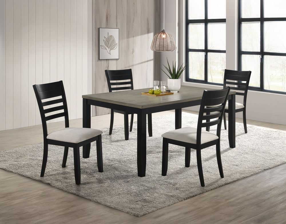 This dining group is the epitome of modern sophistication and functional elegance. The centerpiece is a sleek, rectangular table with a beautifully textured wood grain finish, offering a touch of rustic charm to its contemporary design. The table is compl