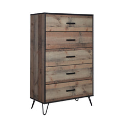The Elk River Five Drawer Chest embodies a perfect blend of industrial flair and functional design, making it an ideal addition to any bedroom seeking a touch of rustic sophistication. Crafted from manufactured woods with an environmentally conscious deco