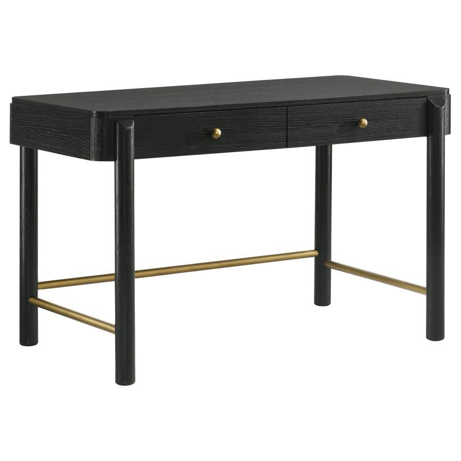 Complete your bedroom or living area with a multi-functional modern coastal vanity desk with a hint of glam personality. Its soft black finish is rich, but neutral, complementing in virtually any setting and showcasing wood grain details. Two drawers crea