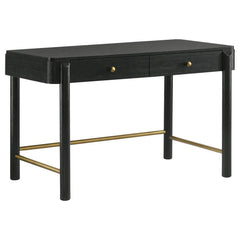 Complete your bedroom or living area with a multi-functional modern coastal vanity desk with a hint of glam personality. Its soft black finish is rich, but neutral, complementing in virtually any setting and showcasing wood grain details. Two drawers crea