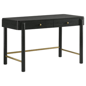 Complete your bedroom or living area with a multi-functional modern coastal vanity desk with a hint of glam personality. Its soft black finish is rich, but neutral, complementing in virtually any setting and showcasing wood grain details. Two drawers crea
