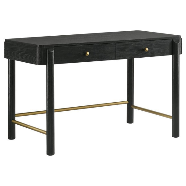 Complete your bedroom or living area with a multi-functional modern coastal vanity desk with a hint of glam personality. Its soft black finish is rich, but neutral, complementing in virtually any setting and showcasing wood grain details. Two drawers crea