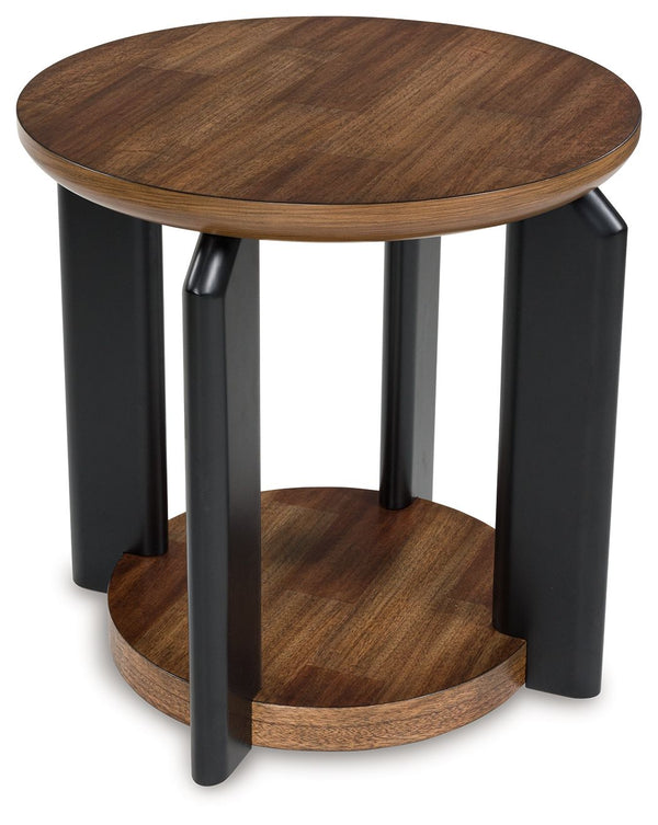 Experience the captivating allure of this end table, an effortless blend of casual and refined aesthetics. Its two-tone finish combines satin black with a rich brown wood tone for a modern, relaxed vibe that you-'ll love. Perfectly suited for your contemp