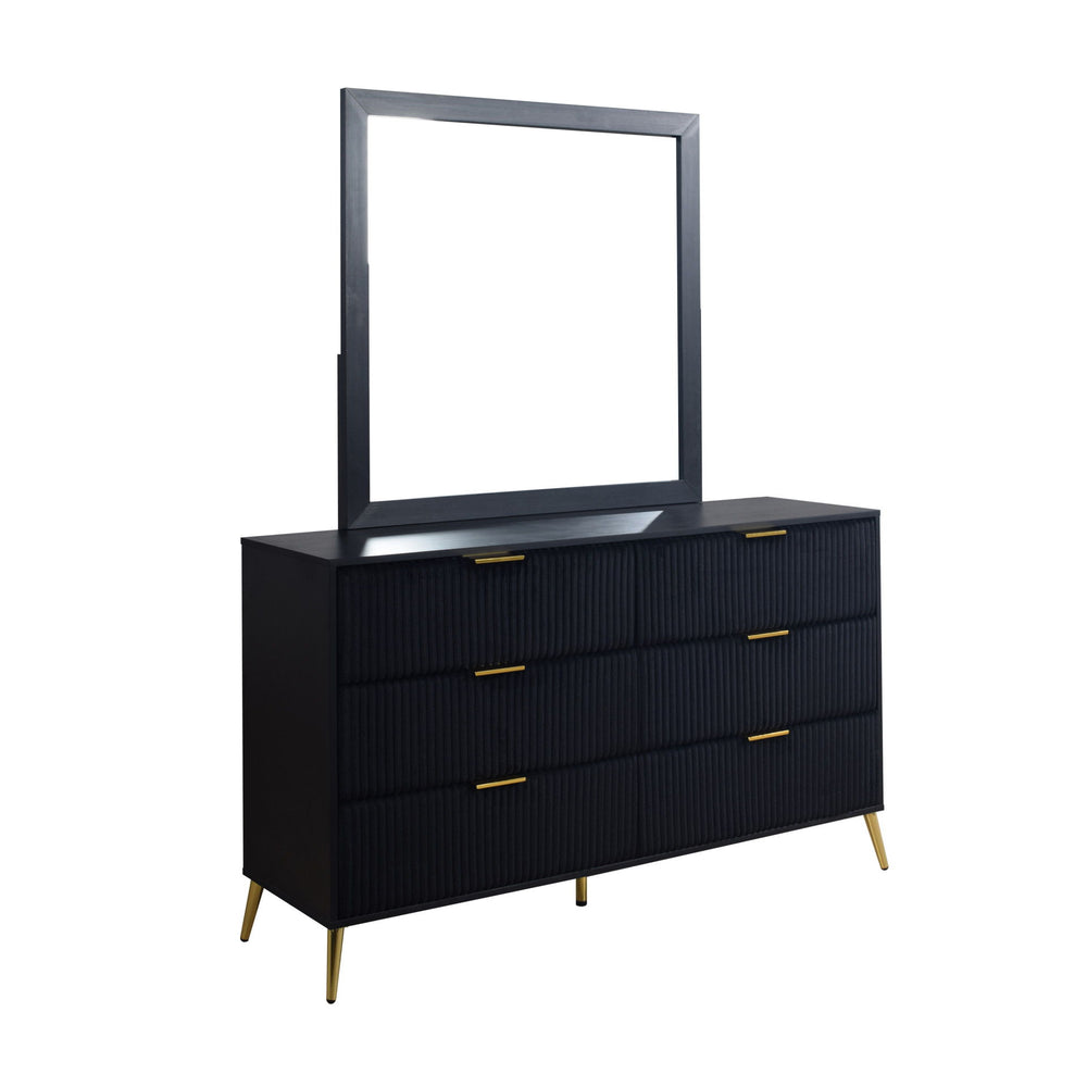 The Kailani Dresser Mirror in black is a stylish and eco-friendly addition to any bedroom, expertly crafted from a blend of solid rubberwood, engineered wood, and eco-friendly decorative laminate. This construction ensures long-lasting style and sustainab