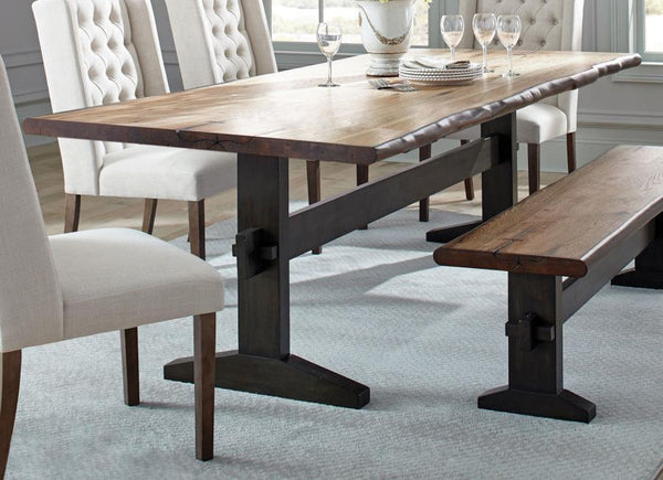  the table measures 90 inches across and can easily accommodate a guest or two. The rectangular tabletop features a warm and inviting natural honey fin