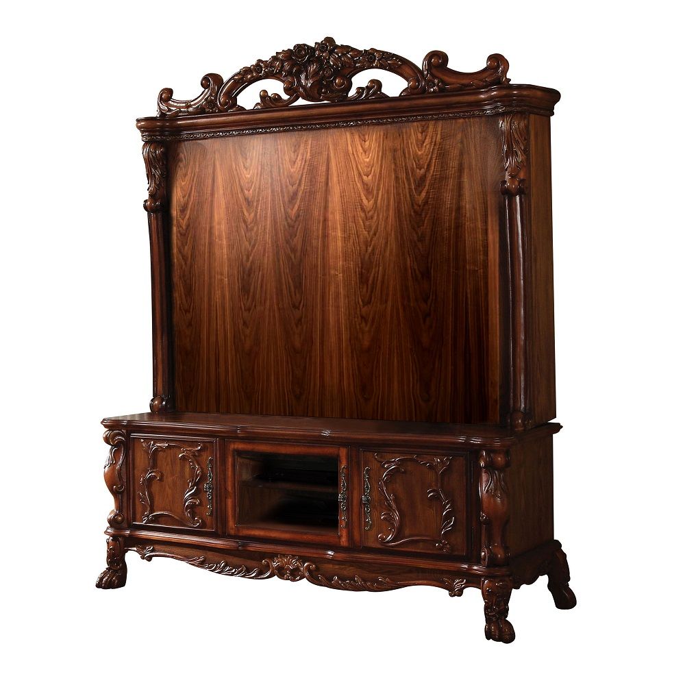 The Dresden collection classic style will blend masterfully in your living room area. The storage feature offers plenty of space to keep your entertainment components, its top hutch includes two side doors to reveal hidden storage available. Carefully con