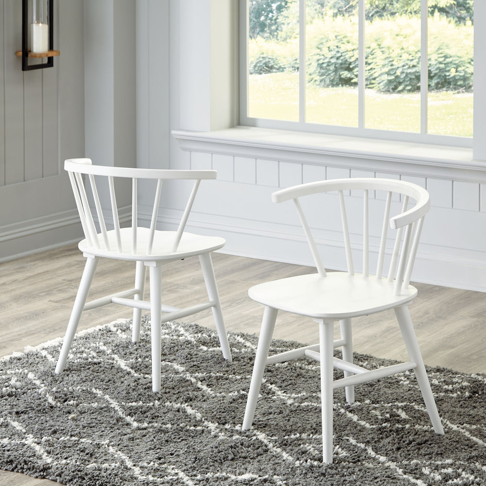 Bring light to your dining area with clean lines and a bright, white finish. The dining room chair sports a low spindle back with turned legs for beautiful simplicity. This functional piece marries minimalism with big style for a delightful combination.<b