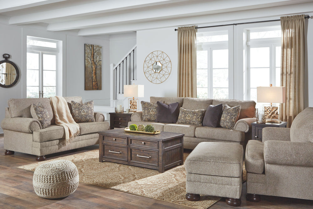 This sumptuously styled living room set proves that a richly traditional look doesnâ€™t have to break the bank. Flared effect gives the classic roll arms a relaxed feel, while the choice of a plush chenille upholstery in oatmeal is earthy elegance at its 