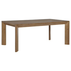 Introduce tailored style with a modern rectangular dining table. Its delivers fresh style with angular details and silhouetting, including angled legs. A natural brown wood grain finish offers inviting versatility, complementing a variety of surrounding d