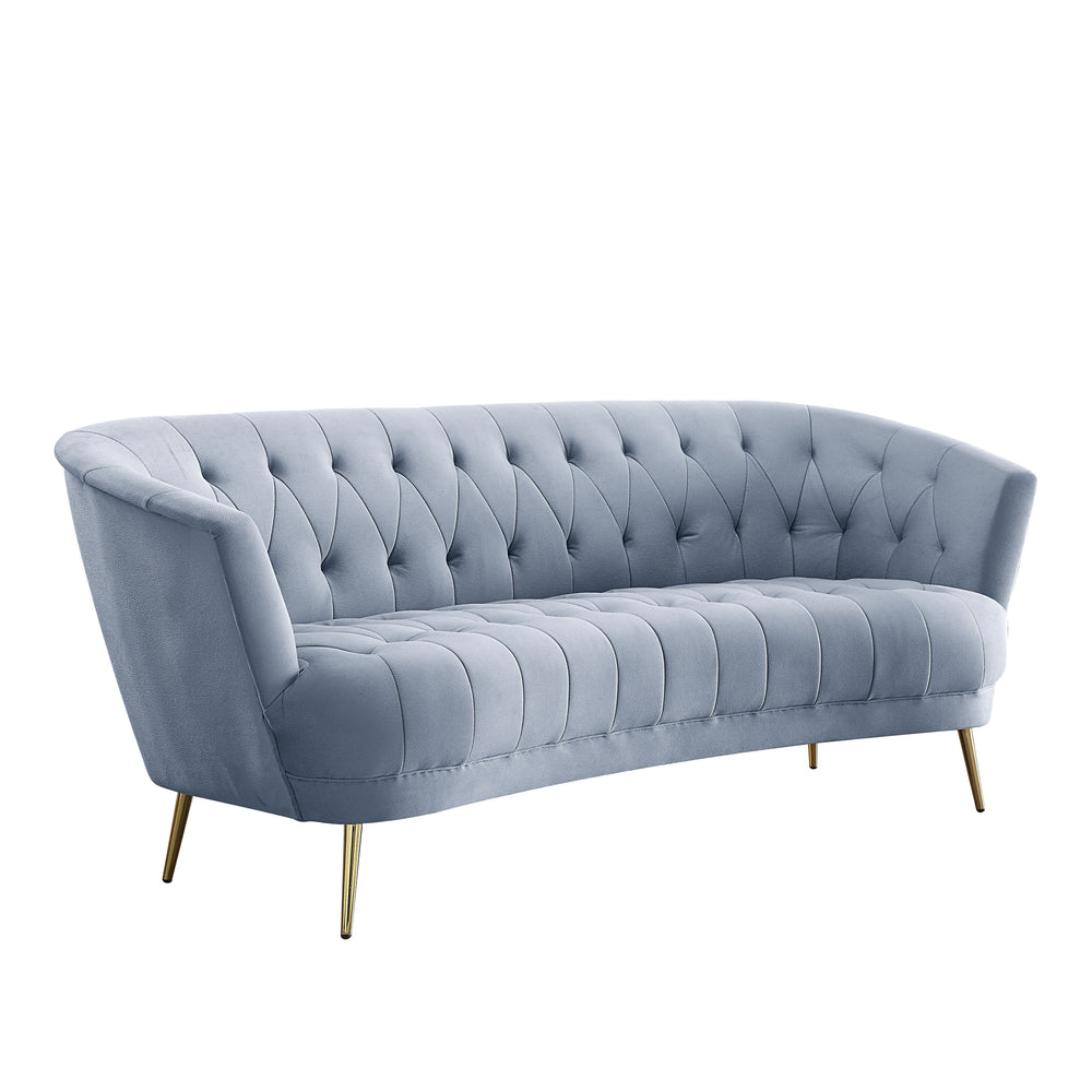 The Bayram living room collection is a perfect combination of contemporary and classic. With a modern curved silhouette and classic details such as diamond button tufting to create this glamourous set. The light gray velvet upholstery paired with the meta