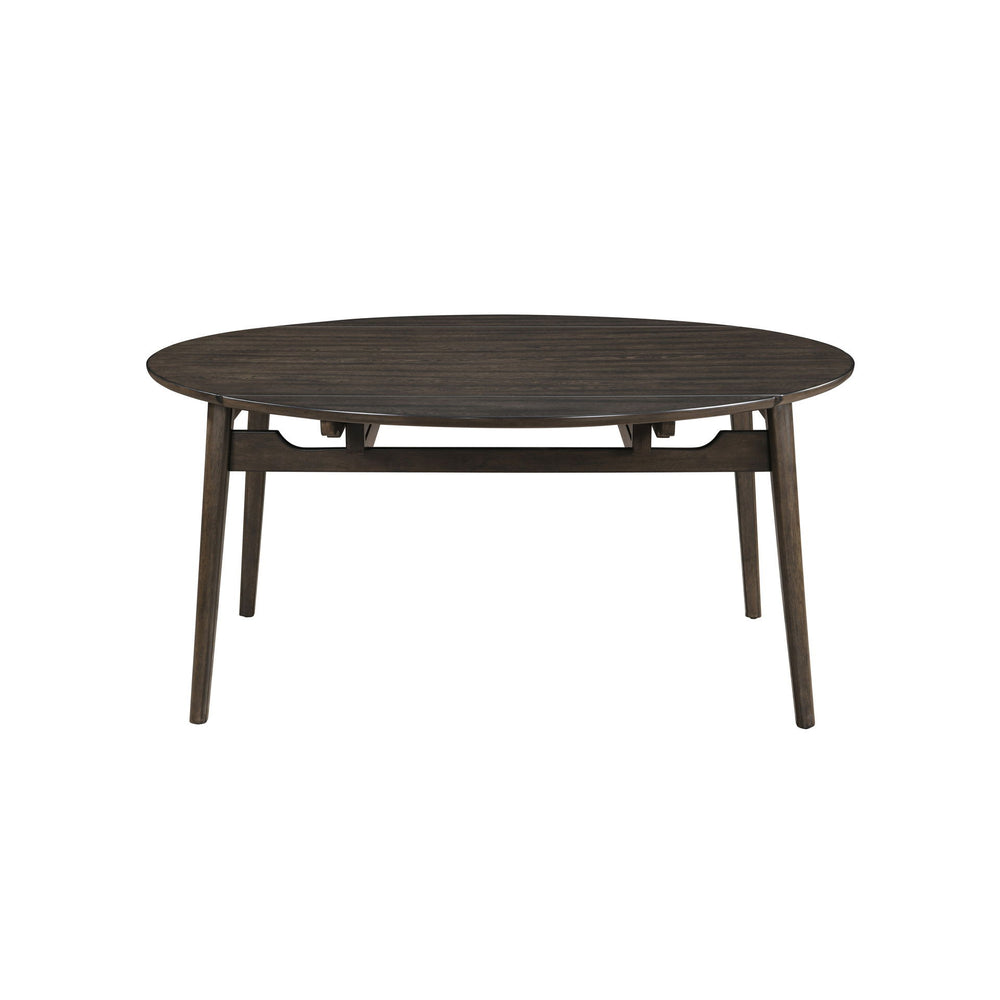 The Rex Mid-Century Modern 65" Round Dining Table with Self-Storing Leaves in Walnut Brown is a versatile and stylish addition to any dining space. Crafted from solid rubberwood, manufactured woods, and oak veneers, this table ensures exceptional stabilit
