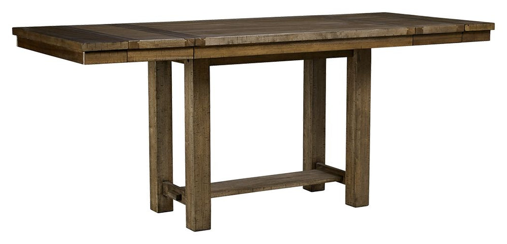 This counter height dining table might be simple at first sight, but a closer look reveals beauty in the details. From the through-tenon pedestal base to the plank-effect table top and distressed nutmeg finish, this table is beaming with charm. Small scal